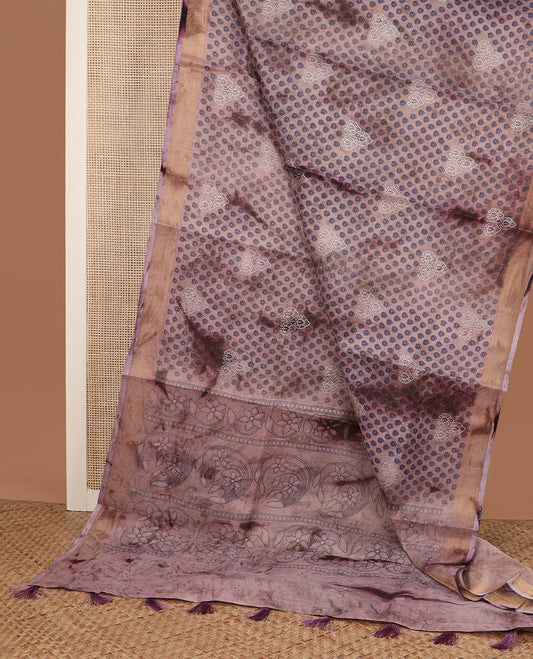 Pink shibori printed with leaf motifs printed cotton saree, bavanji border and floral design pallu