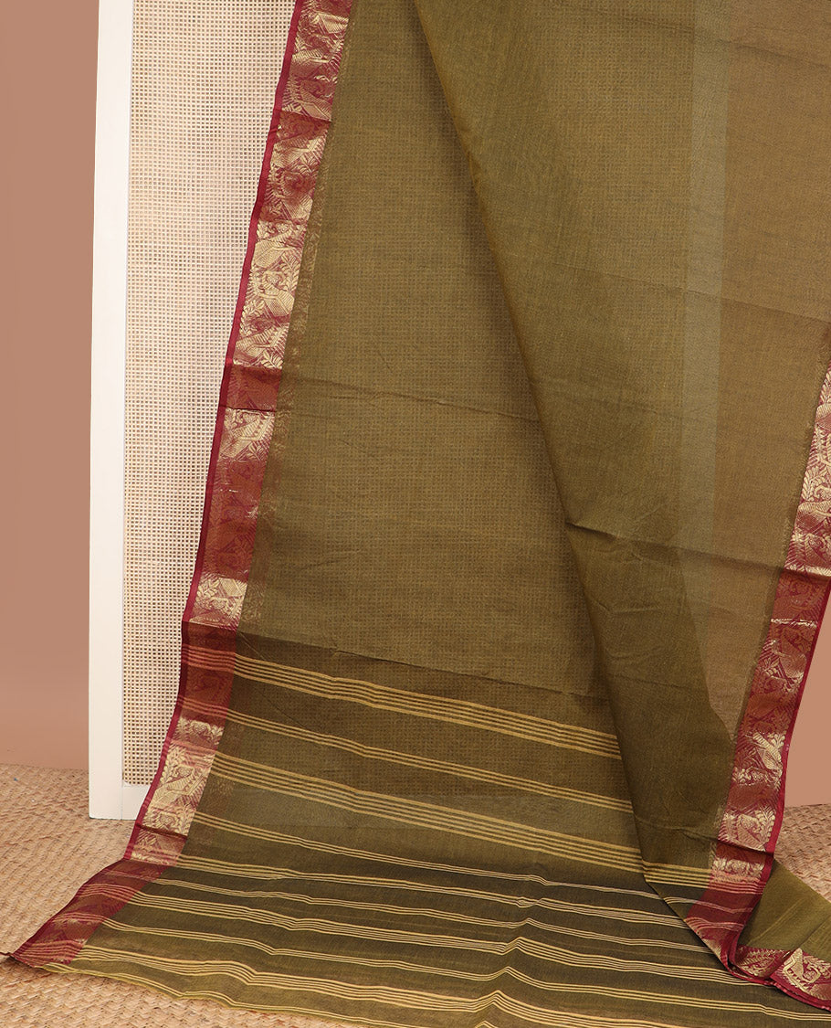 Mehendi green plain Bengal cotton saree, contrast paisley zari border, and striped pallu