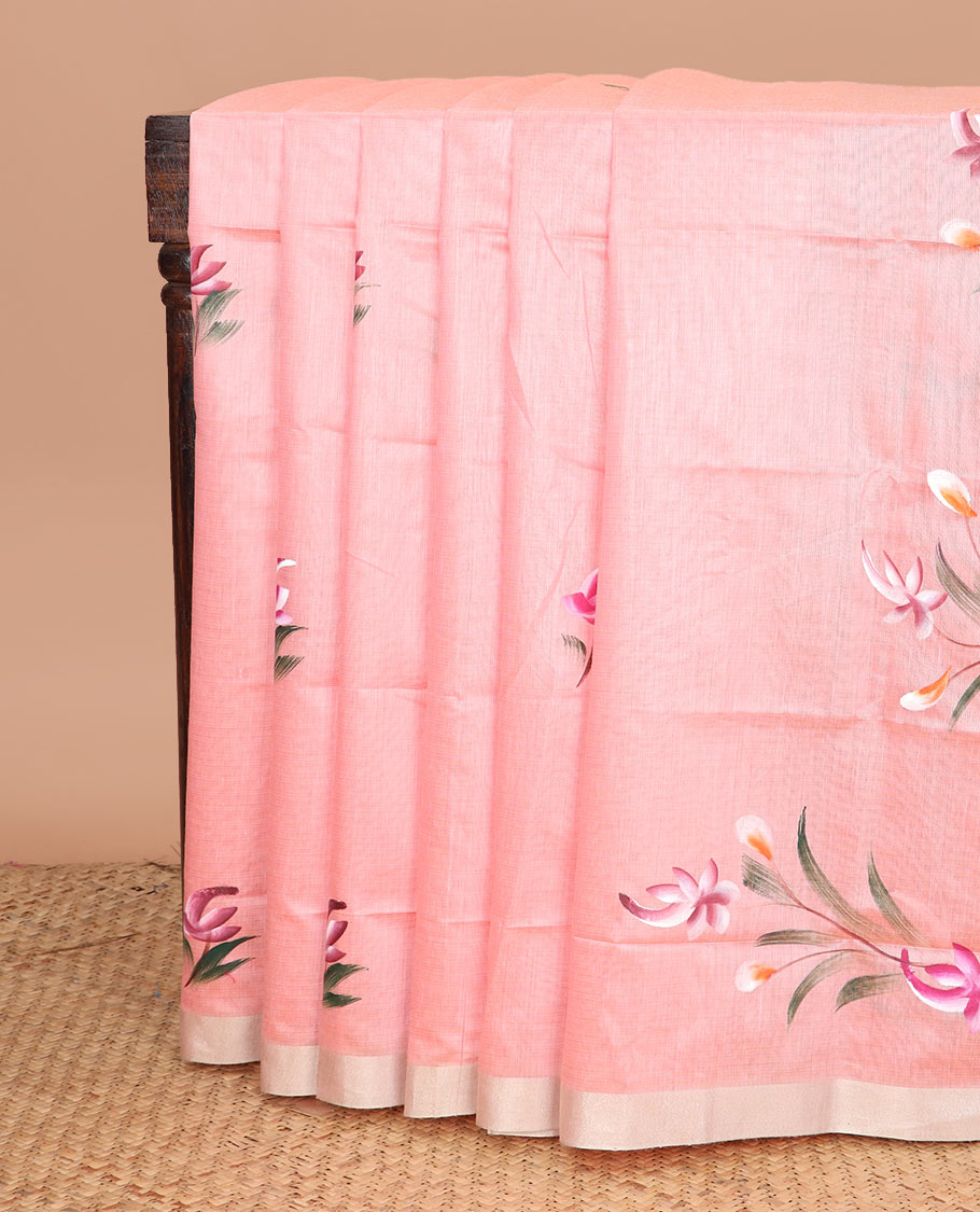 Pink hand brushing style floral printed chirala cotton saree, bavanji border, and contrast floral print pallu