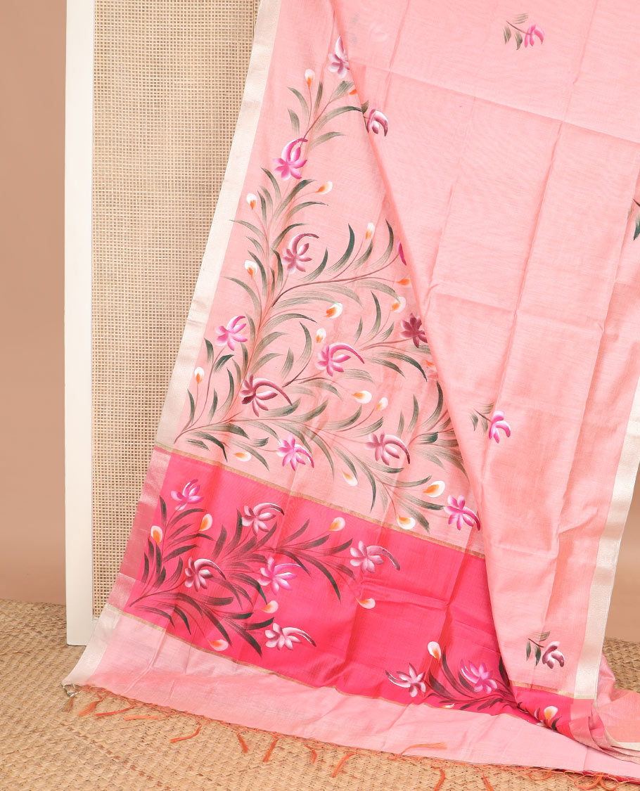 Pink hand brushing style floral printed chirala cotton saree, bavanji border, and contrast floral print pallu