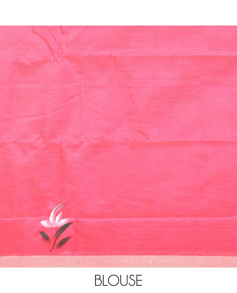 Pink hand brushing style floral printed chirala cotton saree, bavanji border, and contrast floral print pallu