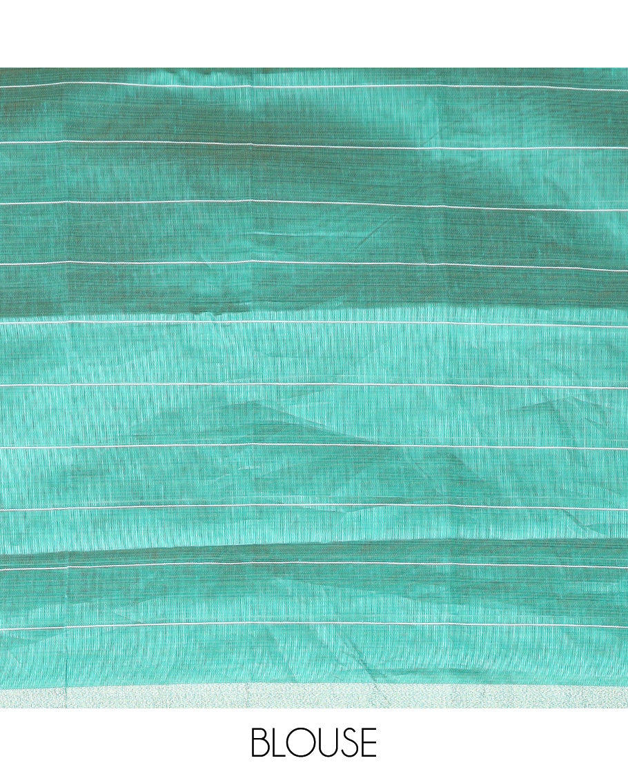 Orange checked with floral embroidered chirala cotton saree, plain border, and contrast striped pallu