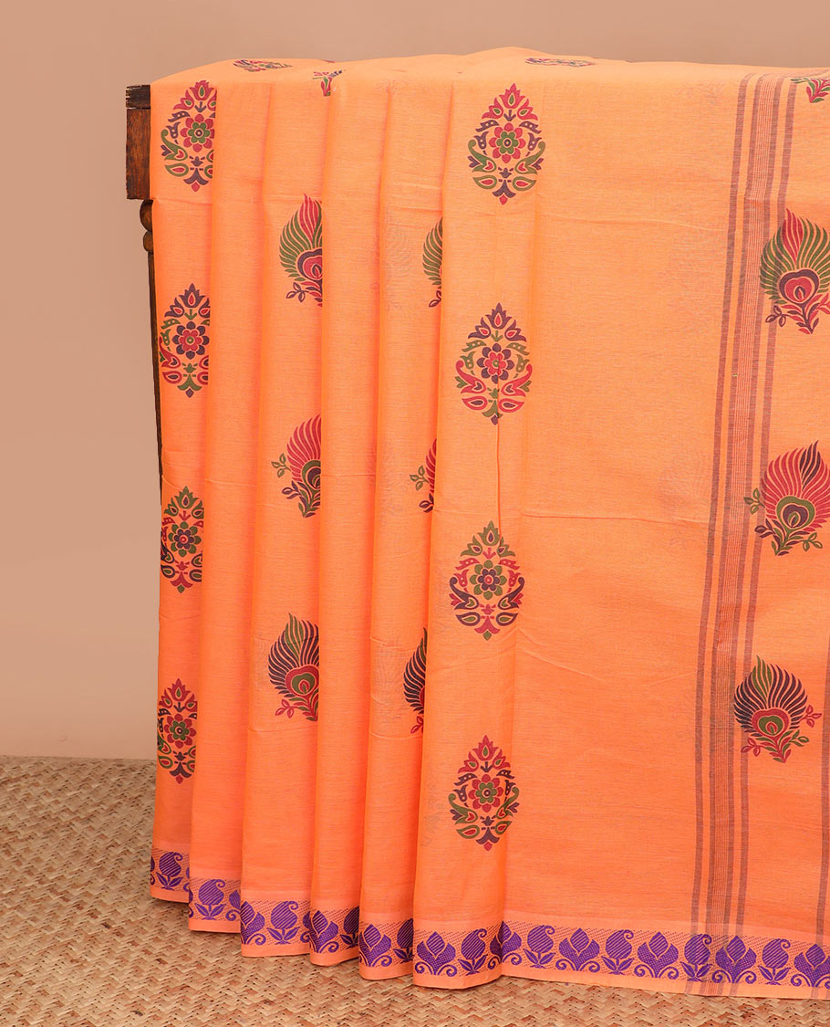 Orange buttas Chettinad cotton saree, unique design border, and striped pallu