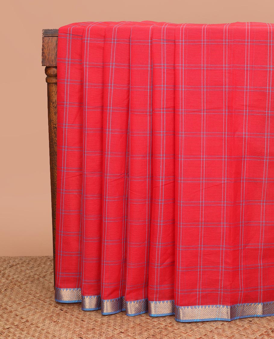 Red checked Mangalgiri cotton saree, contrast traditional zari border, zari pallu, and a matching blouse