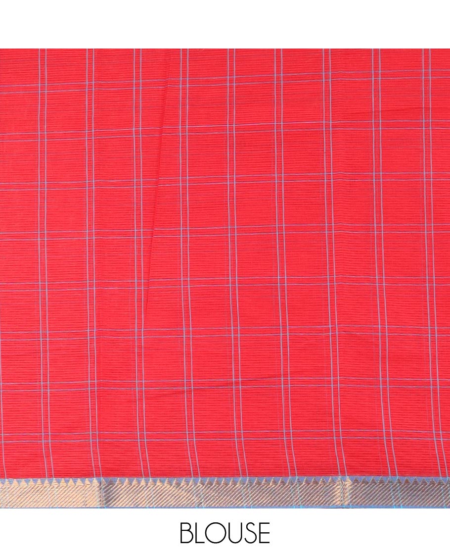 Red checked Mangalgiri cotton saree, contrast traditional zari border, zari pallu, and a matching blouse