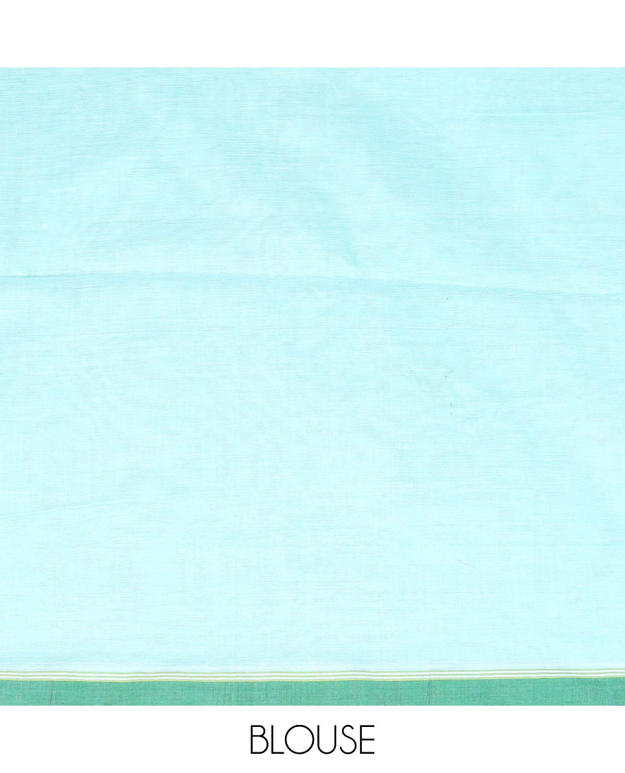 Blue buttas Khadi cotton saree, contrast plain border, and pallu of thread woven jamdani floral designs