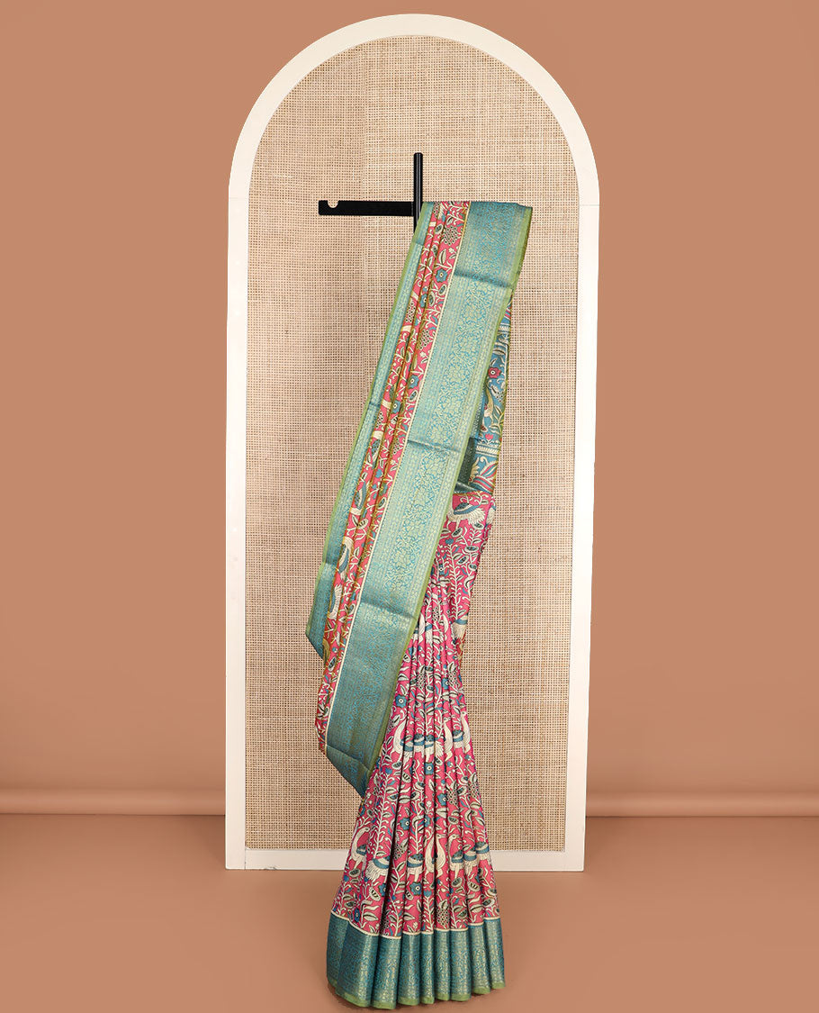 Pink flora and fauna patola silk saree, contrast floral design zari border, and pallu of floral and bird motifs