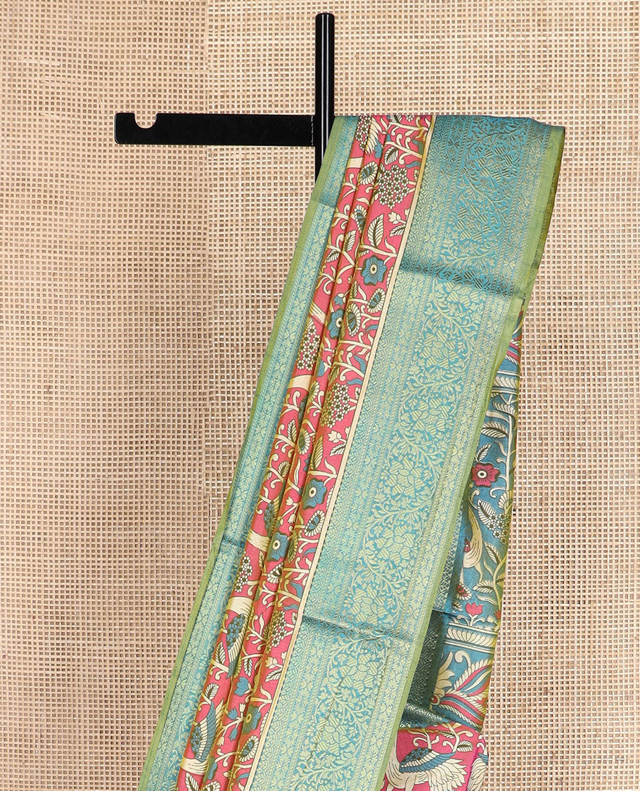 Pink flora and fauna patola silk saree, contrast floral design zari border, and pallu of floral and bird motifs