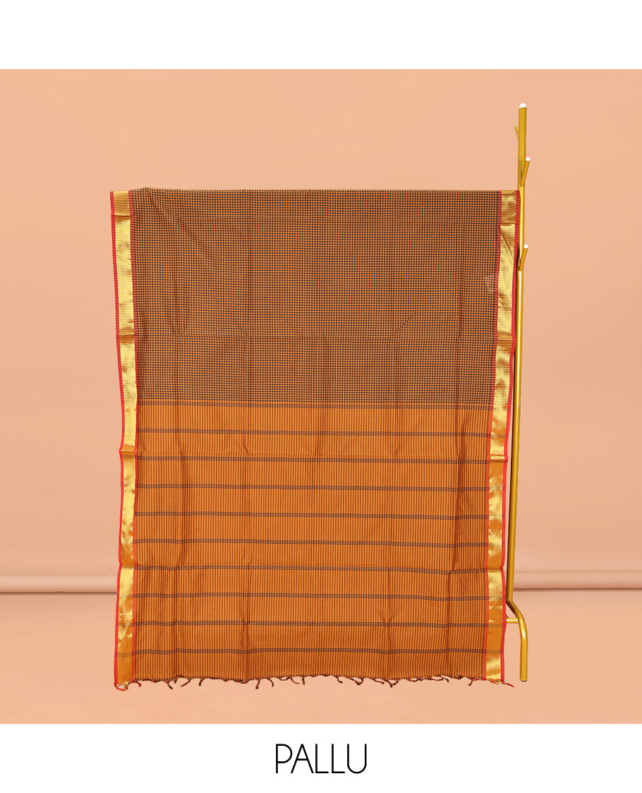 Orange Micro-Checked Poly Cotton Saree, Complemented by a Contrast Zari Border, Contrast Striped Pallu, and Paired with a Contrast Blouse