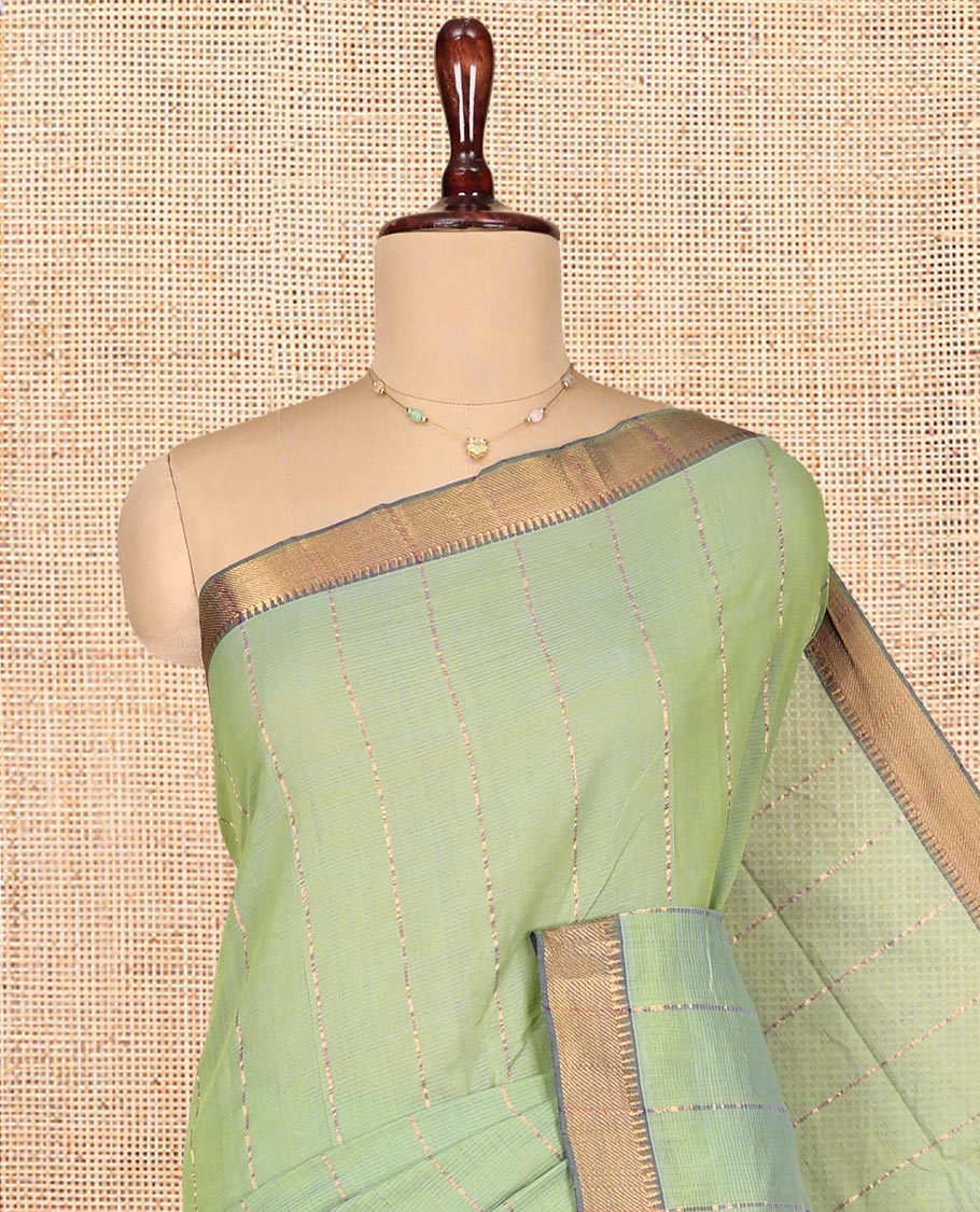 Pista Green Striped Mangalgiri Cotton Saree, Complemented by Contrast Zari Temple Border, Zari-Striped Pallu, and Paired with a Contrast Blouse