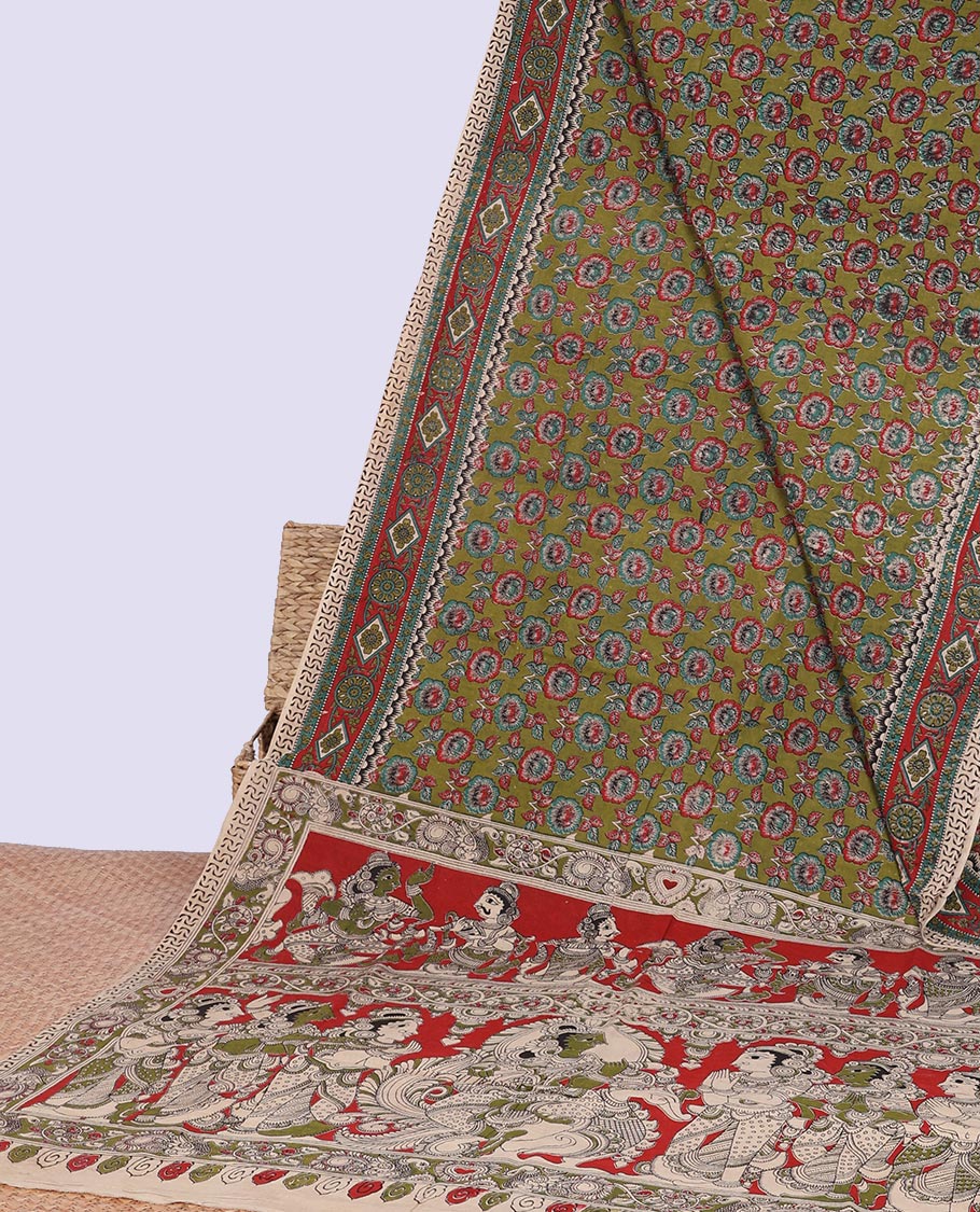 Green floral motifs machine-printed kalamkari cotton saree with contrast floral design border & human inspried design pallu