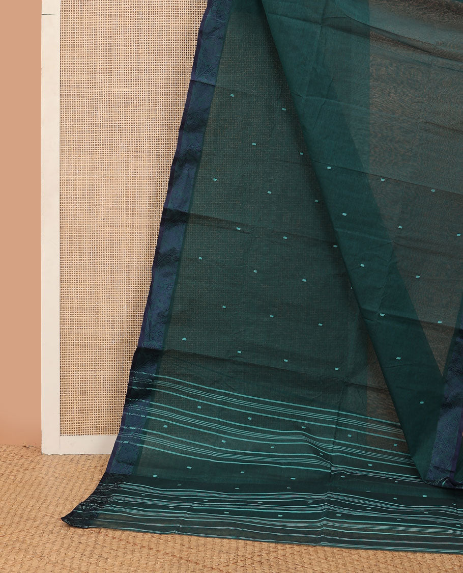 Green buttas Bengal cotton saree, contrast floral creeper thread border & pallu of buttas & stripes