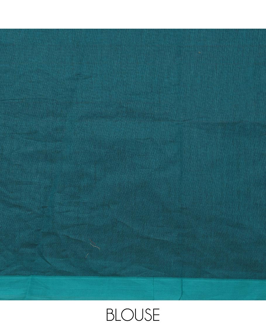 Blue leaf, stripes, and elephant motifs Kanchi cotton saree, contrast plain border, and pallu of tree, and floral motifs