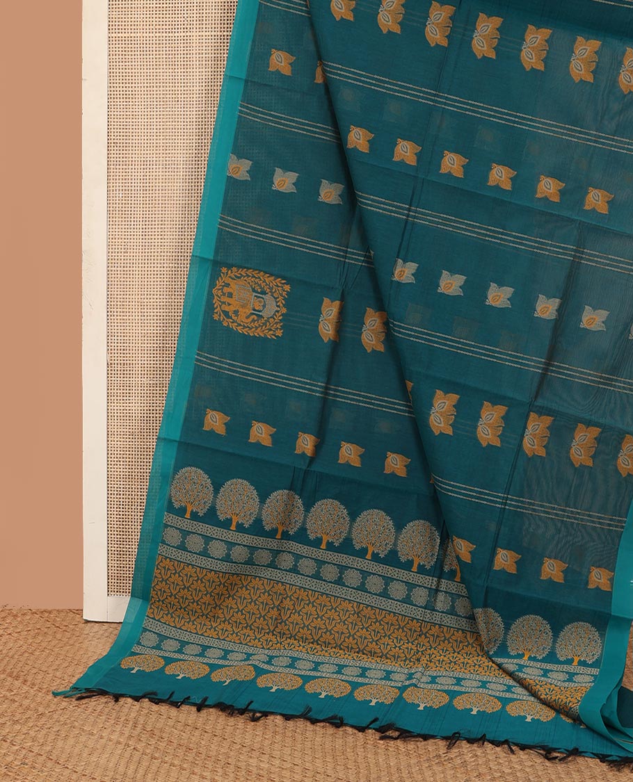 Blue leaf, stripes, and elephant motifs Kanchi cotton saree, contrast plain border, and pallu of tree, and floral motifs