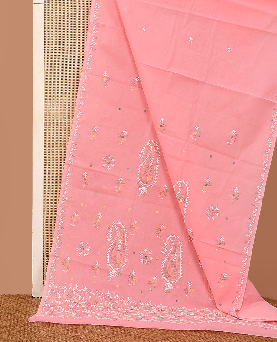 Pink colorful embroidered buttas Lucknowi chikankari saree, thread embroidered border, and floral-paisley motifs embroidered pallu