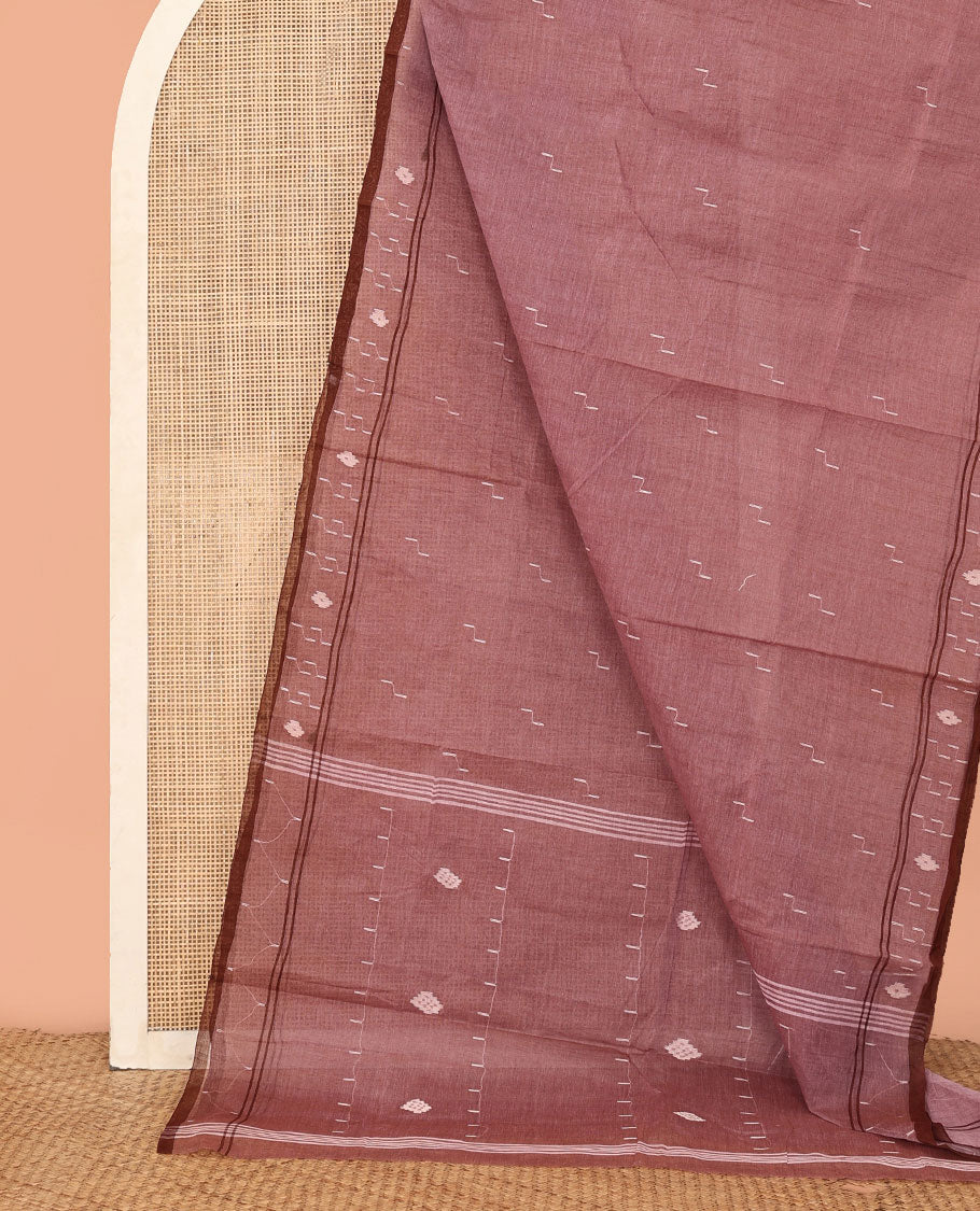 Brown Bengal Cotton Saree, Delicately Woven with Thread Buttas, a Self-Border, Striped Pallu, and No Blouse