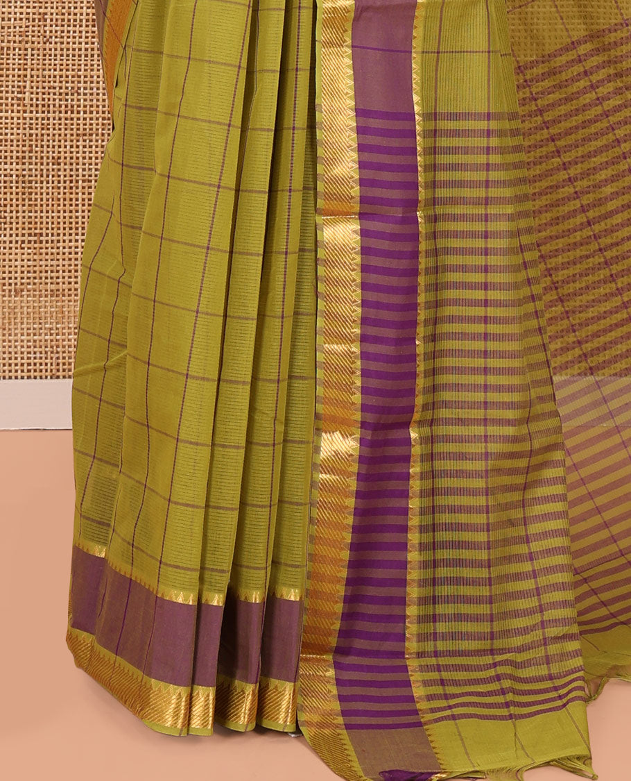 Green Andhra Cotton Saree, Adorned with Checks, a Contrast Temple Thread Border, Striped Pallu, and a MatchingBlouse