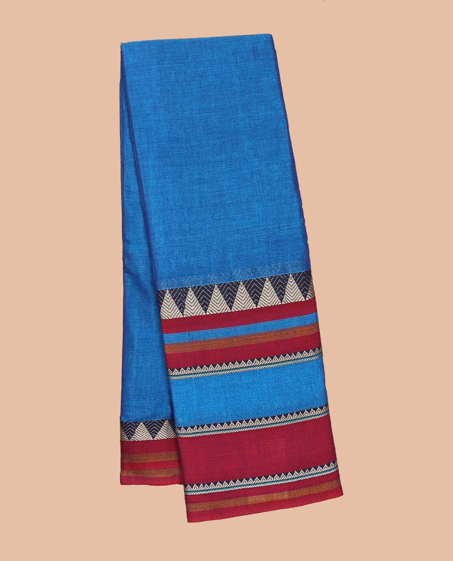 Blue plain Narayanapet cotton saree, contrast traditional design border & striped pallu