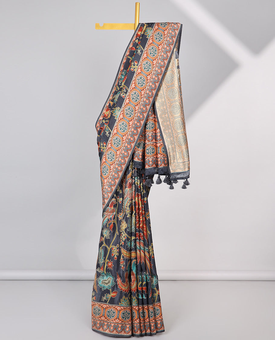 Black floral vine design semi-banaras dola silk saree with contrast border & intricate design pallu