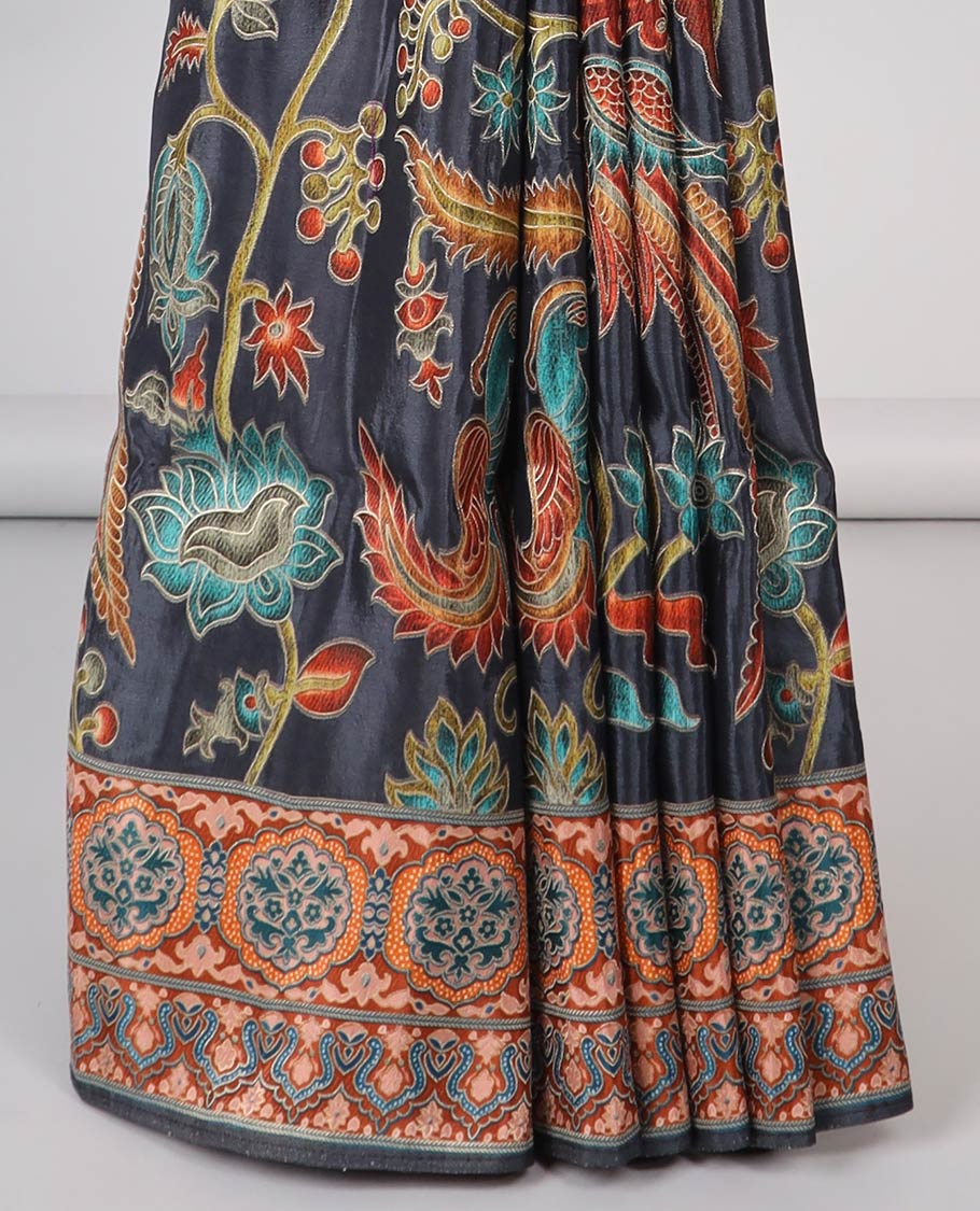 Black floral vine design semi-banaras dola silk saree with contrast border & intricate design pallu