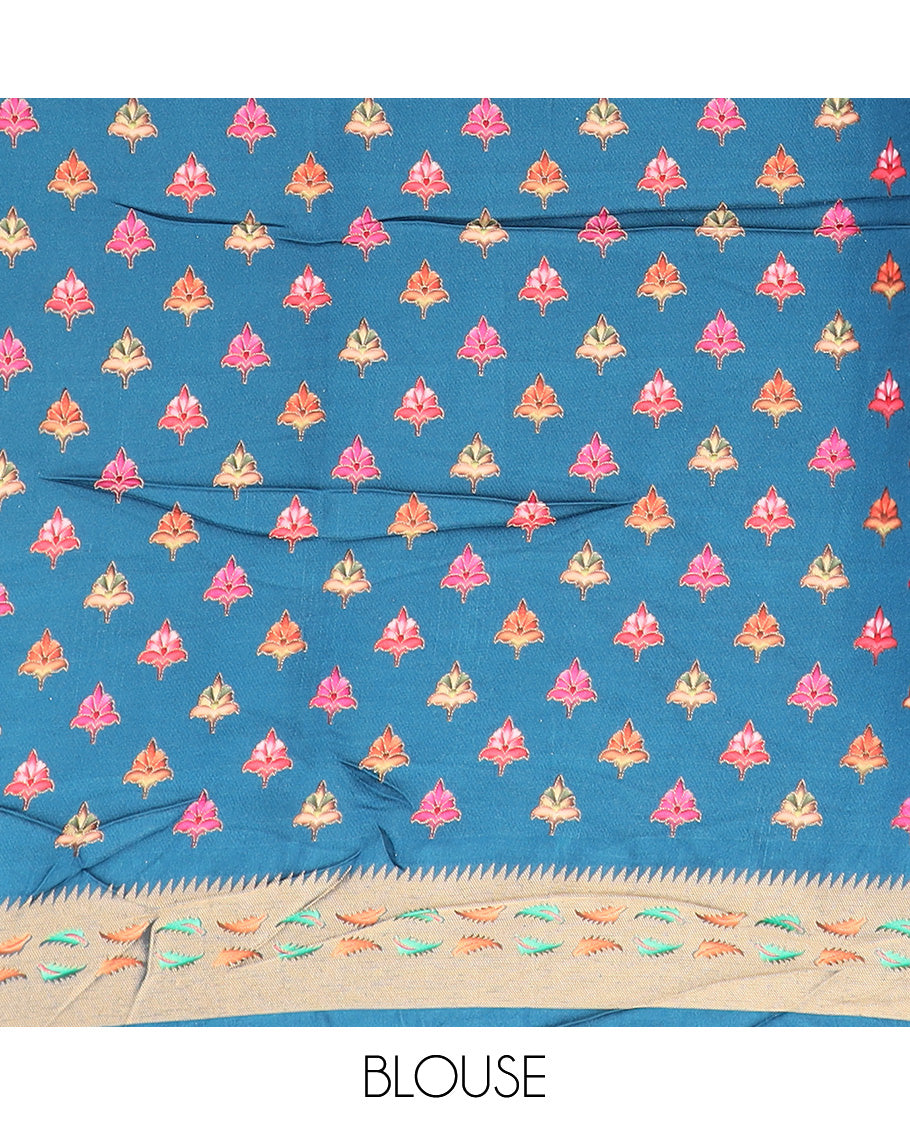 Blue unique motifs printed dola silk saree, gleaming zari border, and pallu of Mughal-style man and women motifs