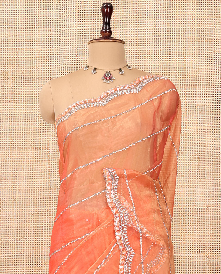 Dusky Peach Stone-Kardana Work Organza Designer Saree with a Scallop Embroidery Border, Matching Blouse