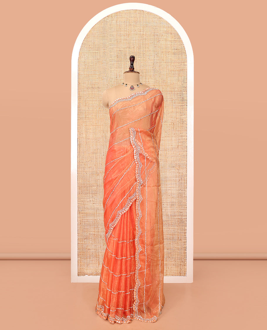 Dusky Peach Stone-Kardana Work Organza Designer Saree with a Scallop Embroidery Border, Matching Blouse