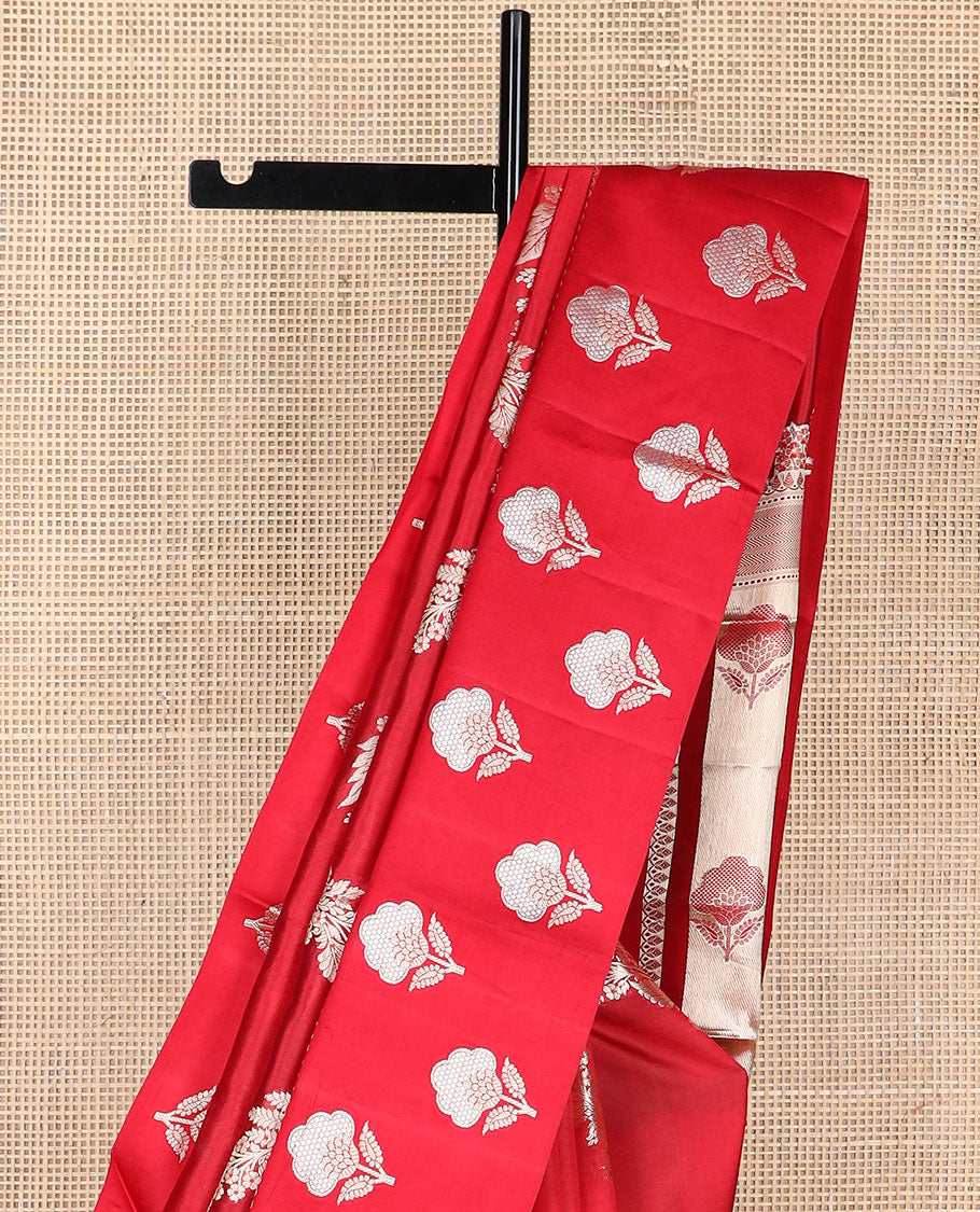 Red floral design raw mango silk saree with self zari design border & floral design pallu