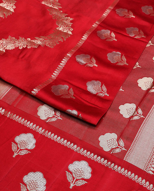 Red floral design raw mango silk saree with self zari design border & floral design pallu