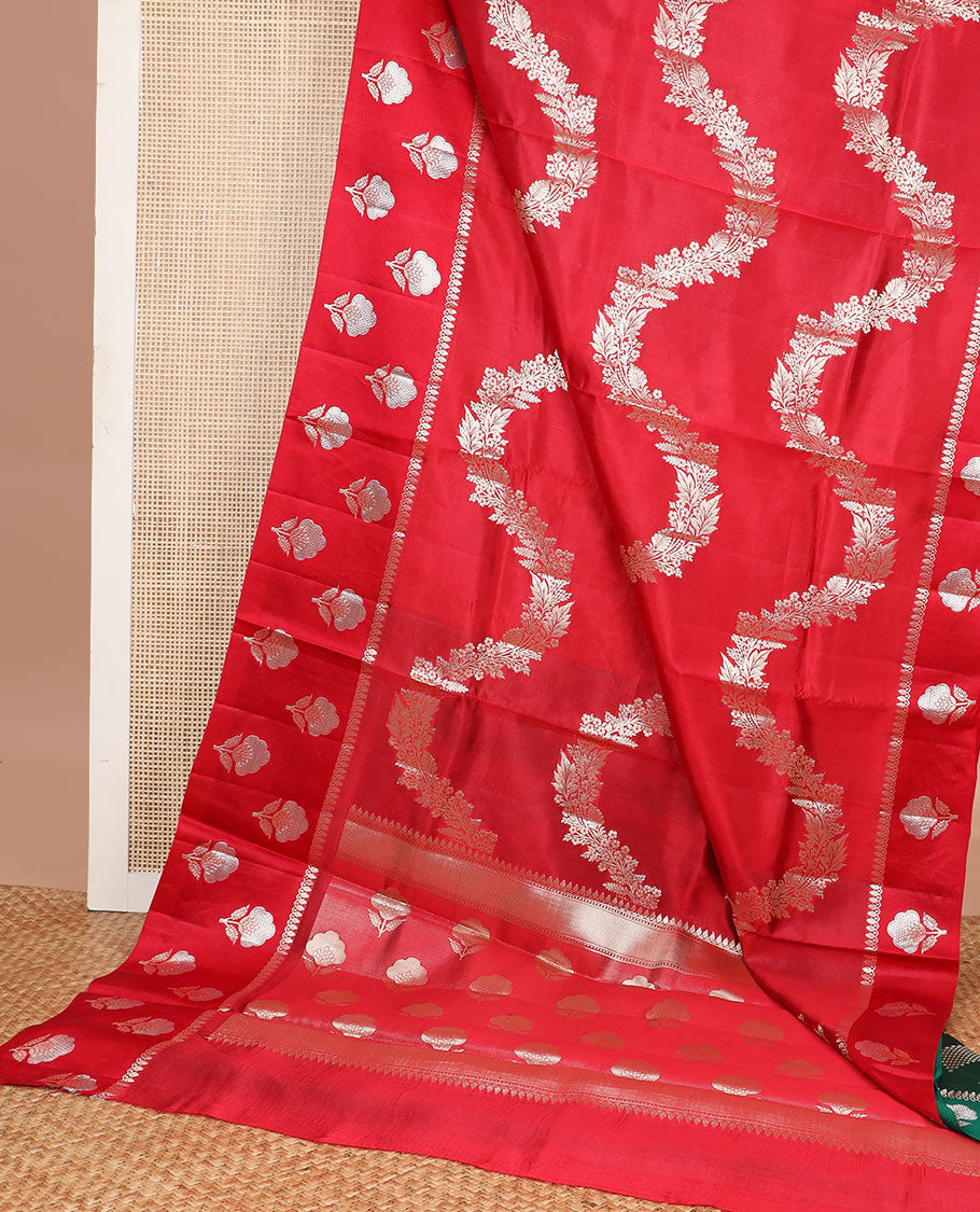 Red floral design raw mango silk saree with self zari design border & floral design pallu