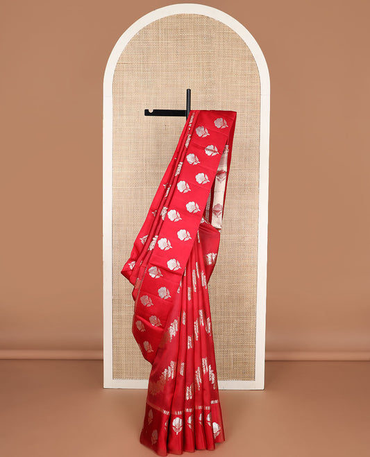 Red floral design raw mango silk saree with self zari design border & floral design pallu