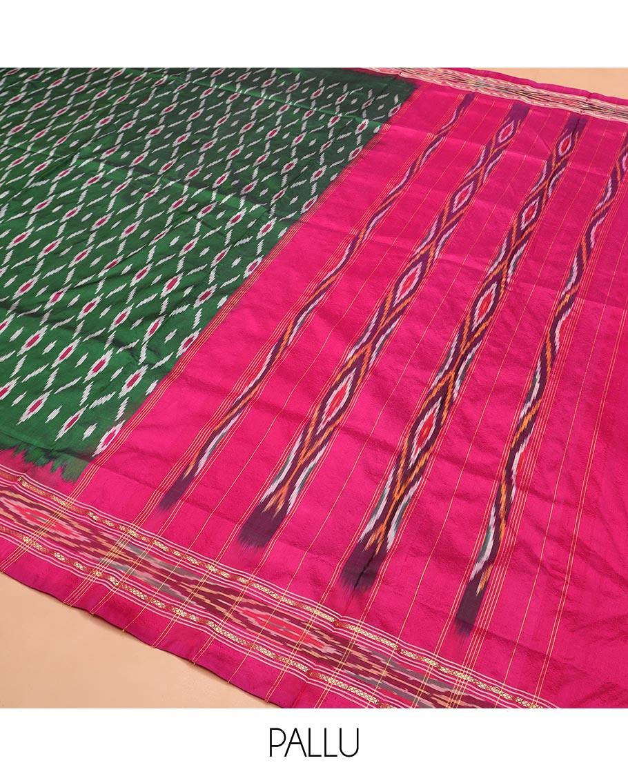 Green Ikkat Silk Saree Adorned with Geometric Patterns, Complemented with Contrast Ikkat-Textured Border, and Pallu Features Stripes and Ikkat Texture