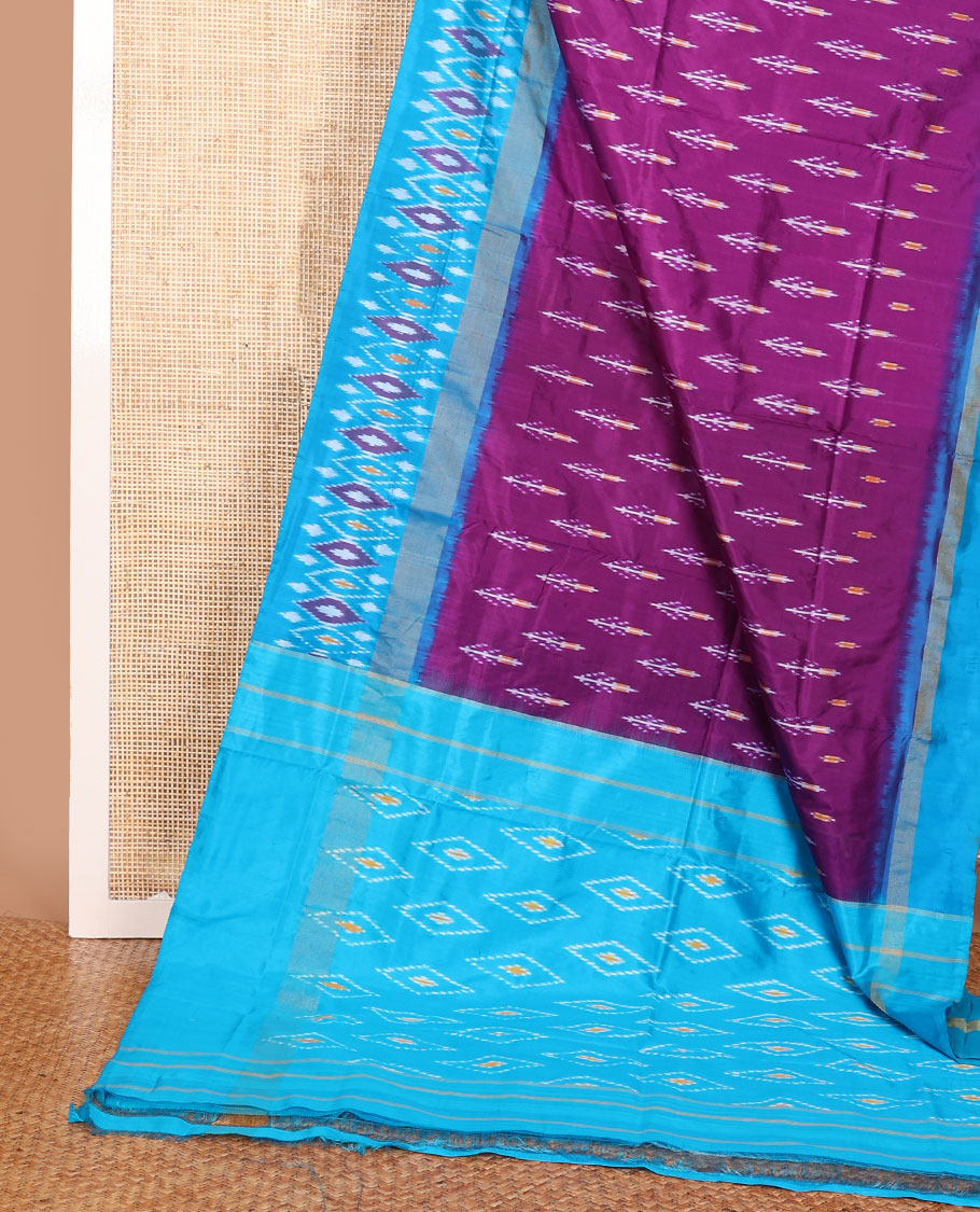 Purple ikkat saree with buttas, contrast ikkat border & pallu of ikkat design