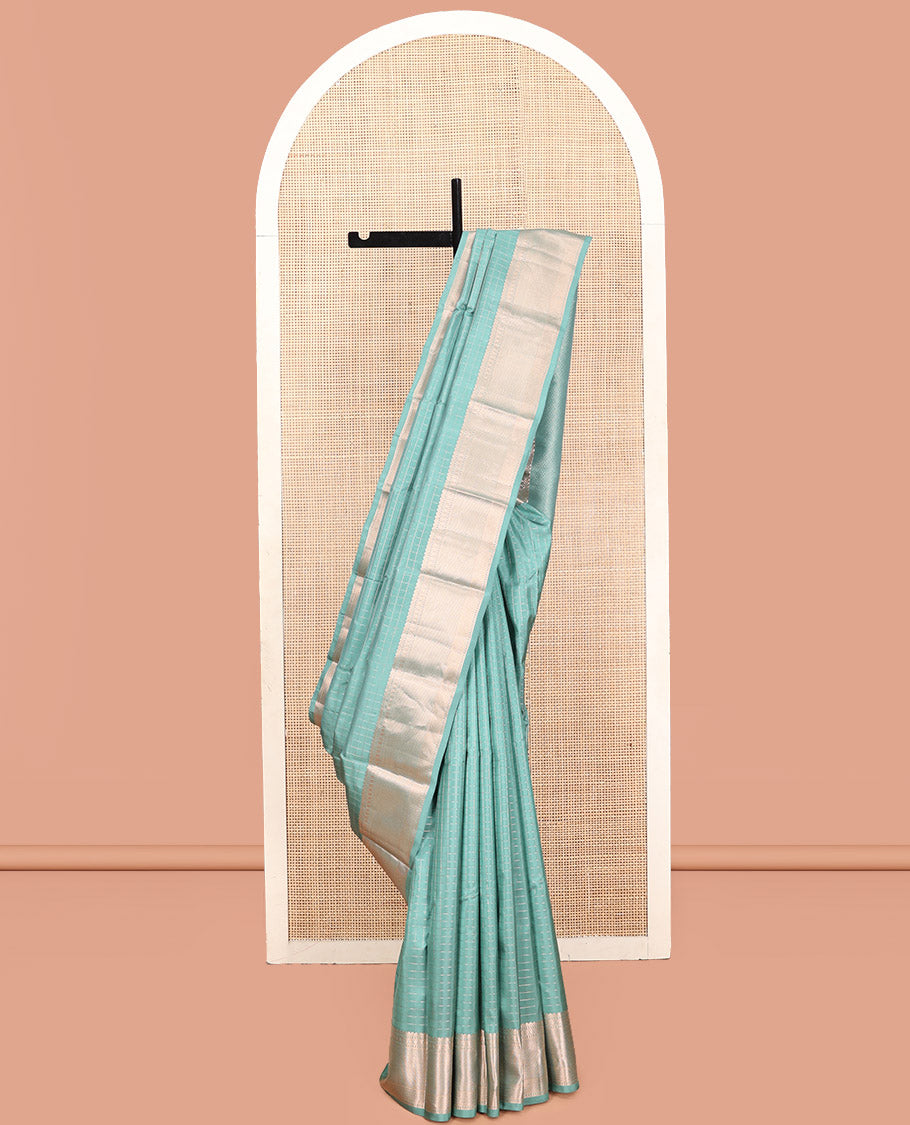 Green Kanchipuram Silk Saree, Richly Detailed with Checks, Zari Border of Mayil Kann, and Rudraksham Designs, Sparsely Woven Pallu, and Matching Blouse