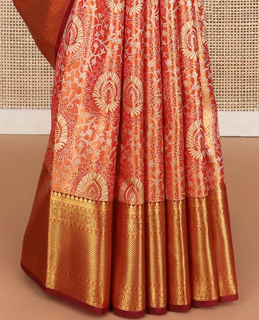 Red floral design kancheepuram tissue silk saree with contrast border of thilakam mokku, banaras, poo chakram, kuyil kann design & zari design pallu
