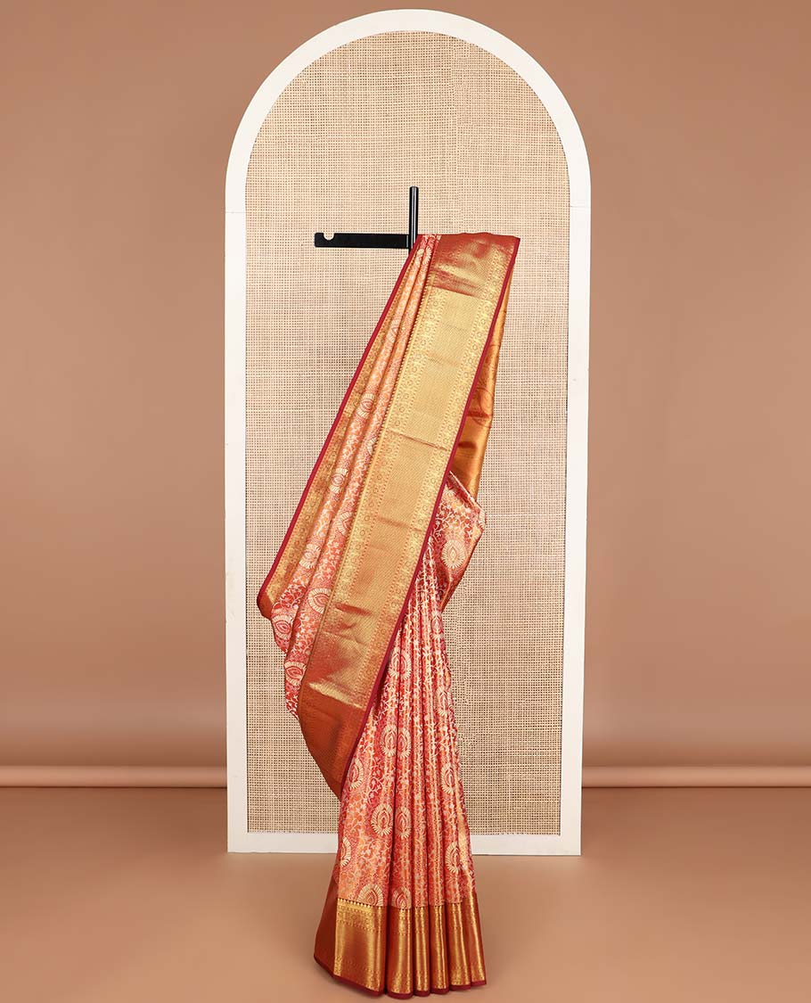 Red floral design kancheepuram tissue silk saree with contrast border of thilakam mokku, banaras, poo chakram, kuyil kann design & zari design pallu
