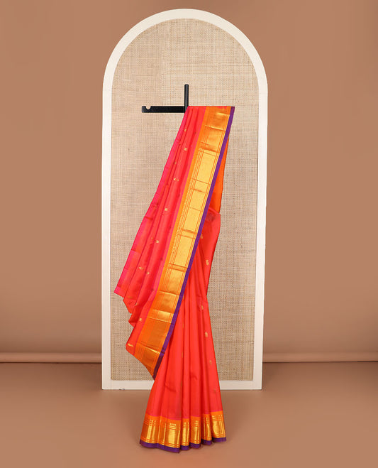 Red zari buttas Kanchipuram silk saree, contrast border of panner sombu,banaras & jaal & zari design pallu