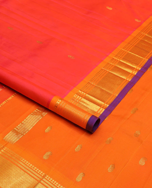 Red zari buttas Kanchipuram silk saree, contrast border of panner sombu,banaras & jaal & zari design pallu