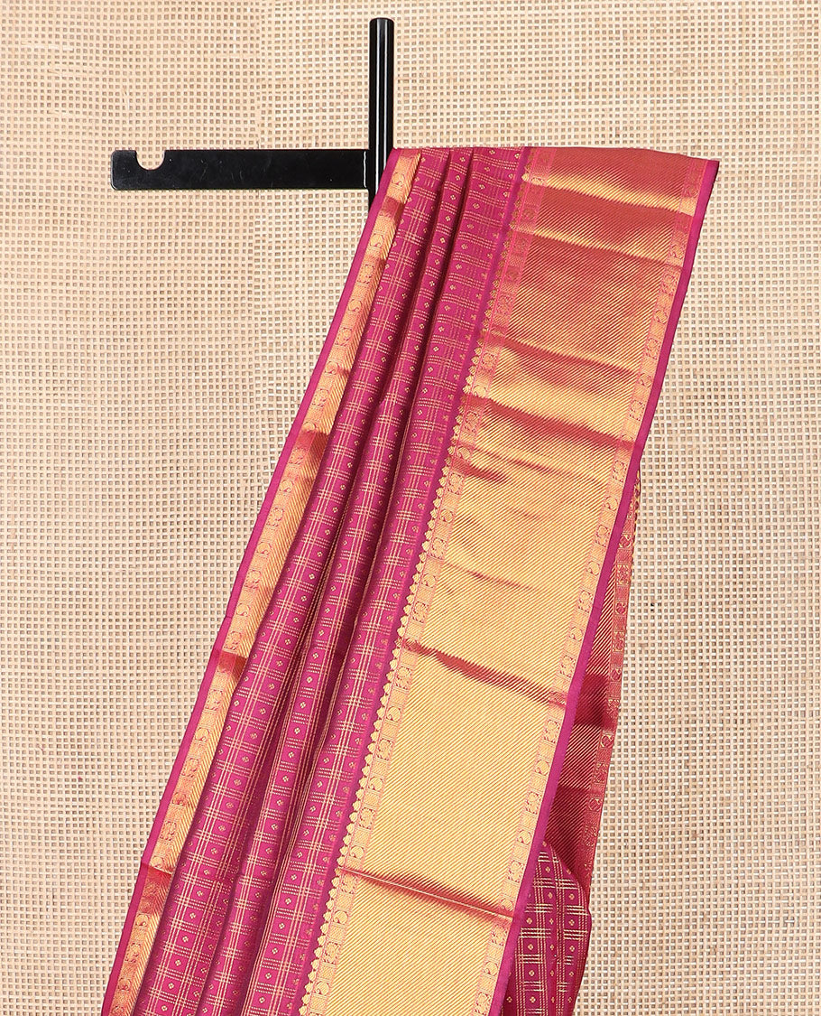 Pink zari buttas Kanchipuram silk saree, zari border of manga, mayil, and kuyil kann designs, and jaal pallu