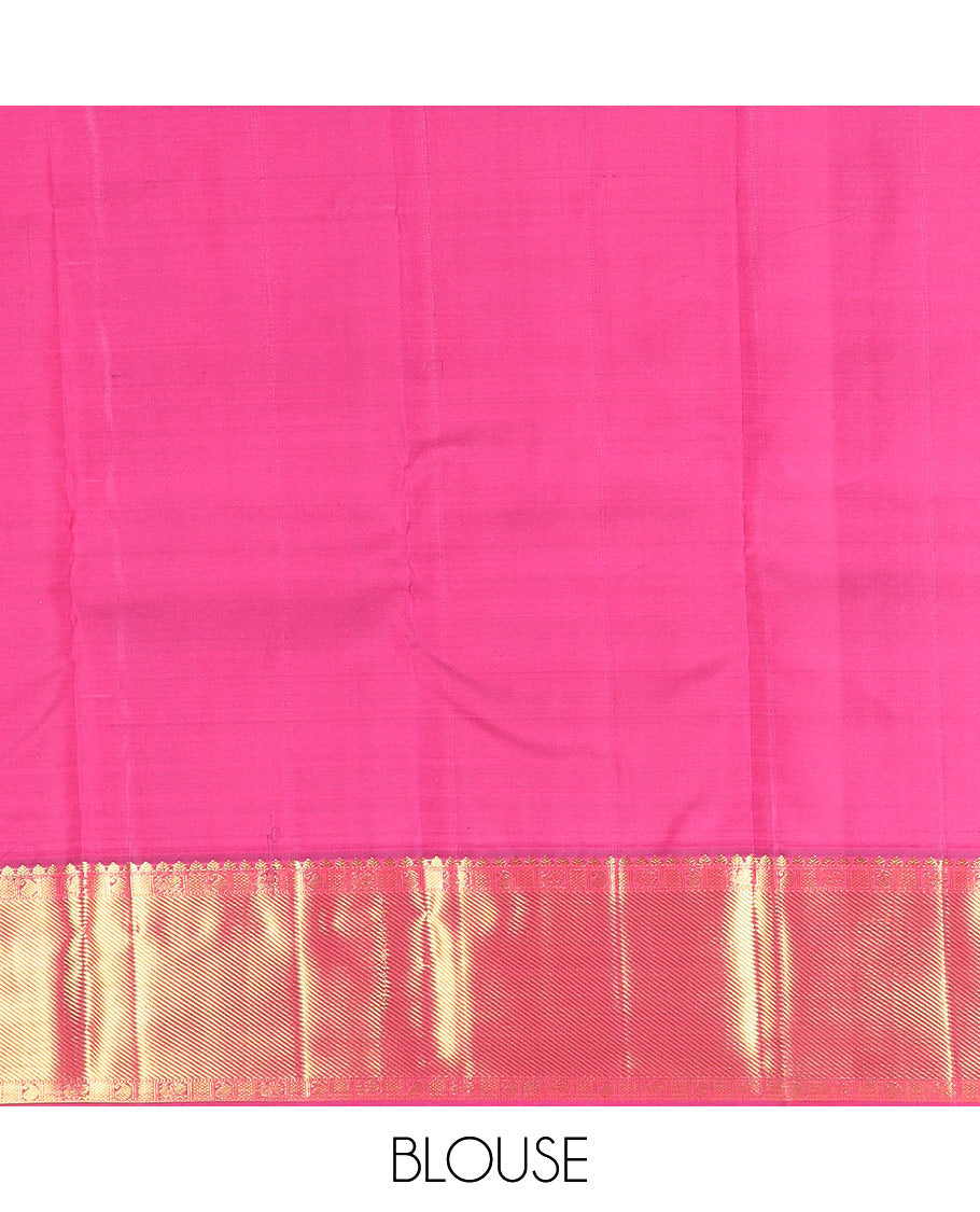 Pink zari buttas Kanchipuram silk saree, zari border of manga, mayil, and kuyil kann designs, and jaal pallu