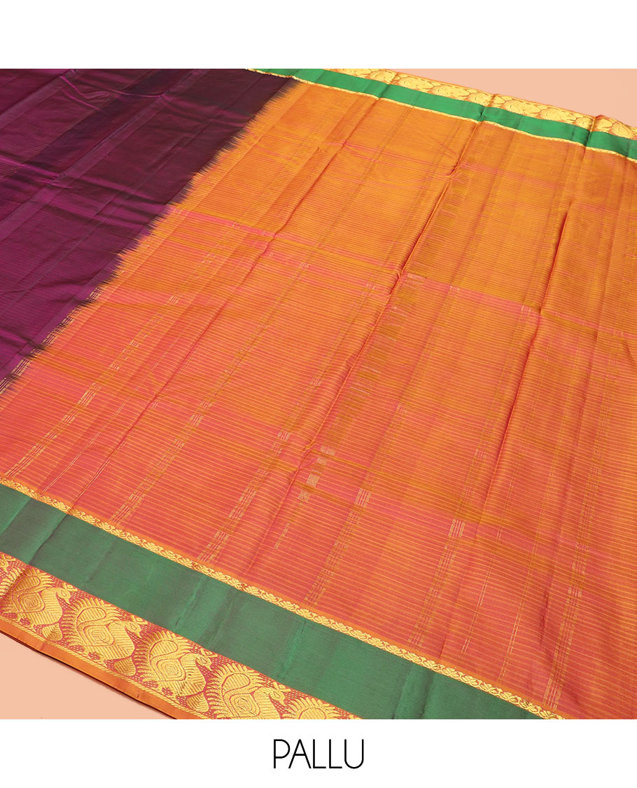 Purple Striped Kanchipuram Silk Saree Spotlighted with a Contrast Rettai Pettu Border Featuring Mayil Designs, a Subtle Striped Pallu, and a Contrast Blouse