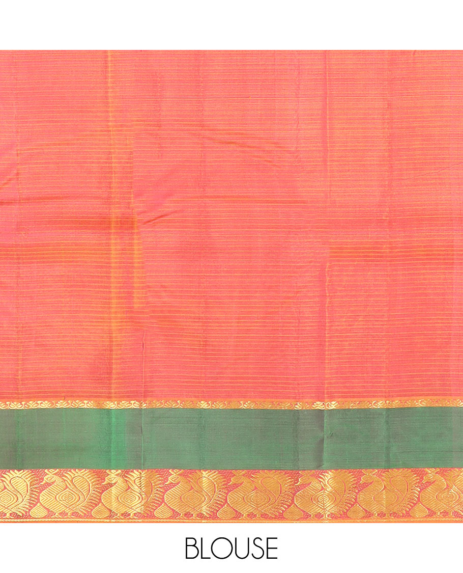 Purple Striped Kanchipuram Silk Saree Spotlighted with a Contrast Rettai Pettu Border Featuring Mayil Designs, a Subtle Striped Pallu, and a Contrast Blouse