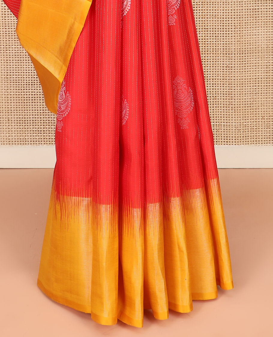 Red Kanchipuram Silk Saree Enriched with Zari Buttas on Its Body, Complemented by a Contrast Border, Captivating Pallu of Sparsely Woven Designs, and Paired with a Contrast Blouse