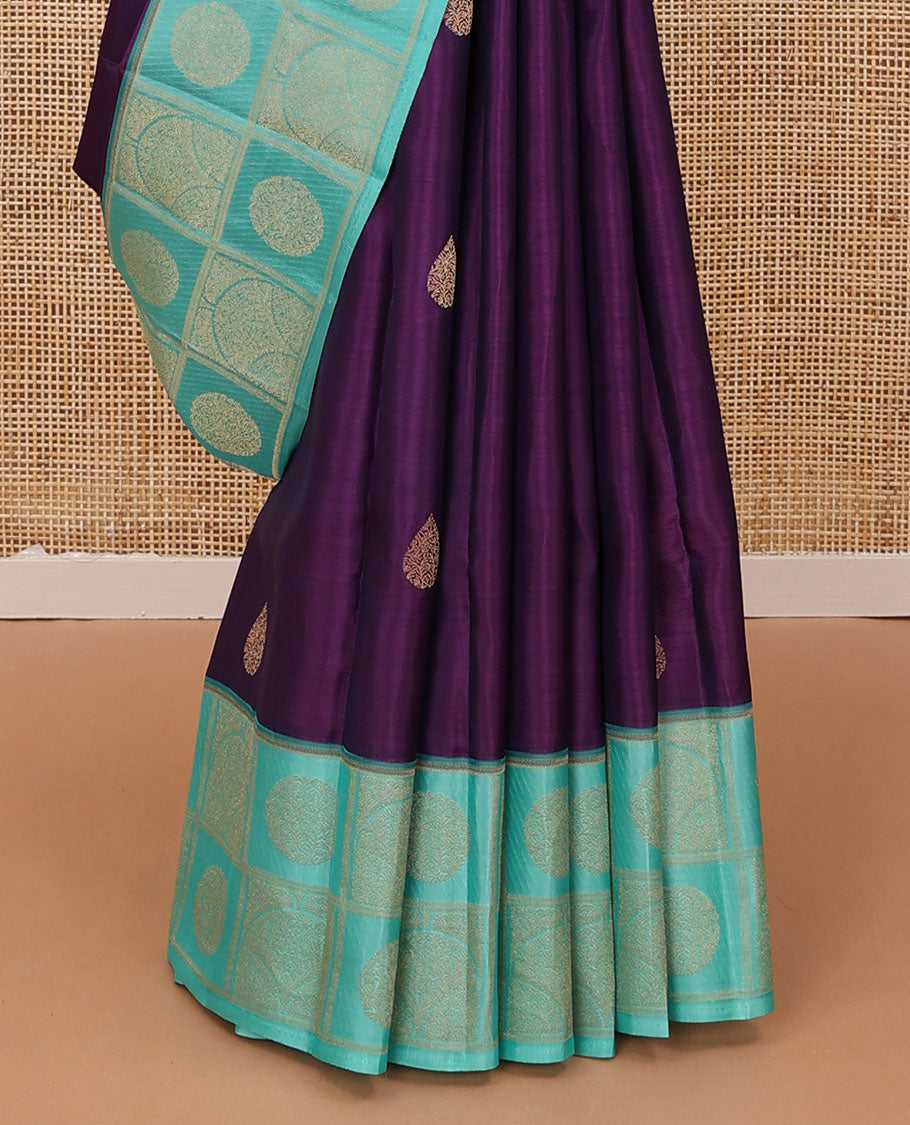 Purple zari buttas silk saree, contrast zari butta enclosed checked border & zari woven pallu of jaal designs