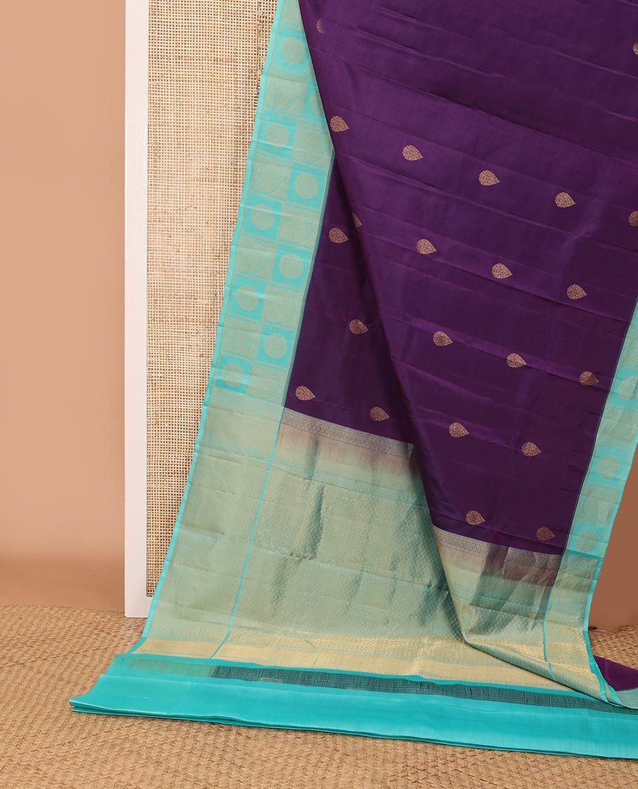 Purple zari buttas silk saree, contrast zari butta enclosed checked border & zari woven pallu of jaal designs