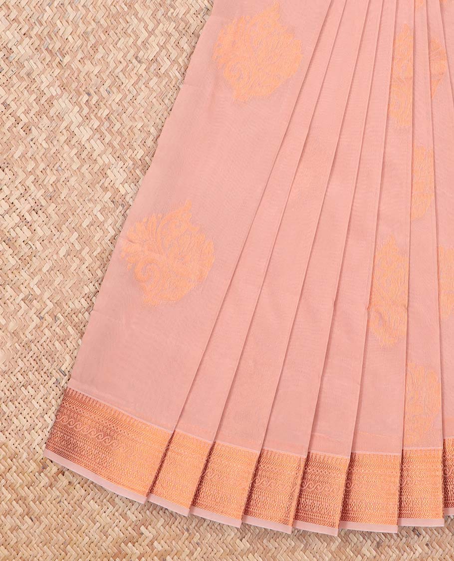 Peach floral motifs kora cotton saree with contrast zari design border & floral vine design pallu