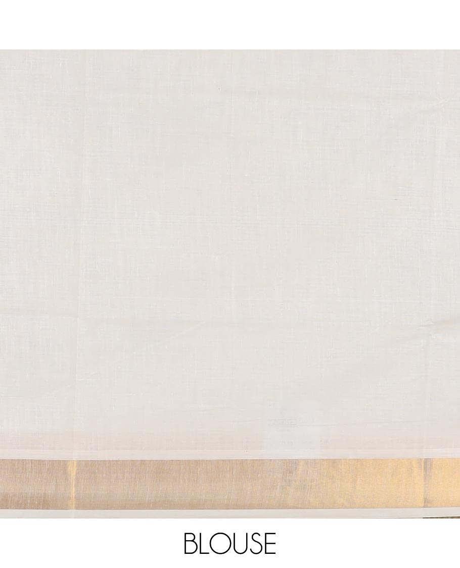 Cream elephant motifs embroidered Kerala cotton saree, zari border, and elephant motifs embroidered pallu