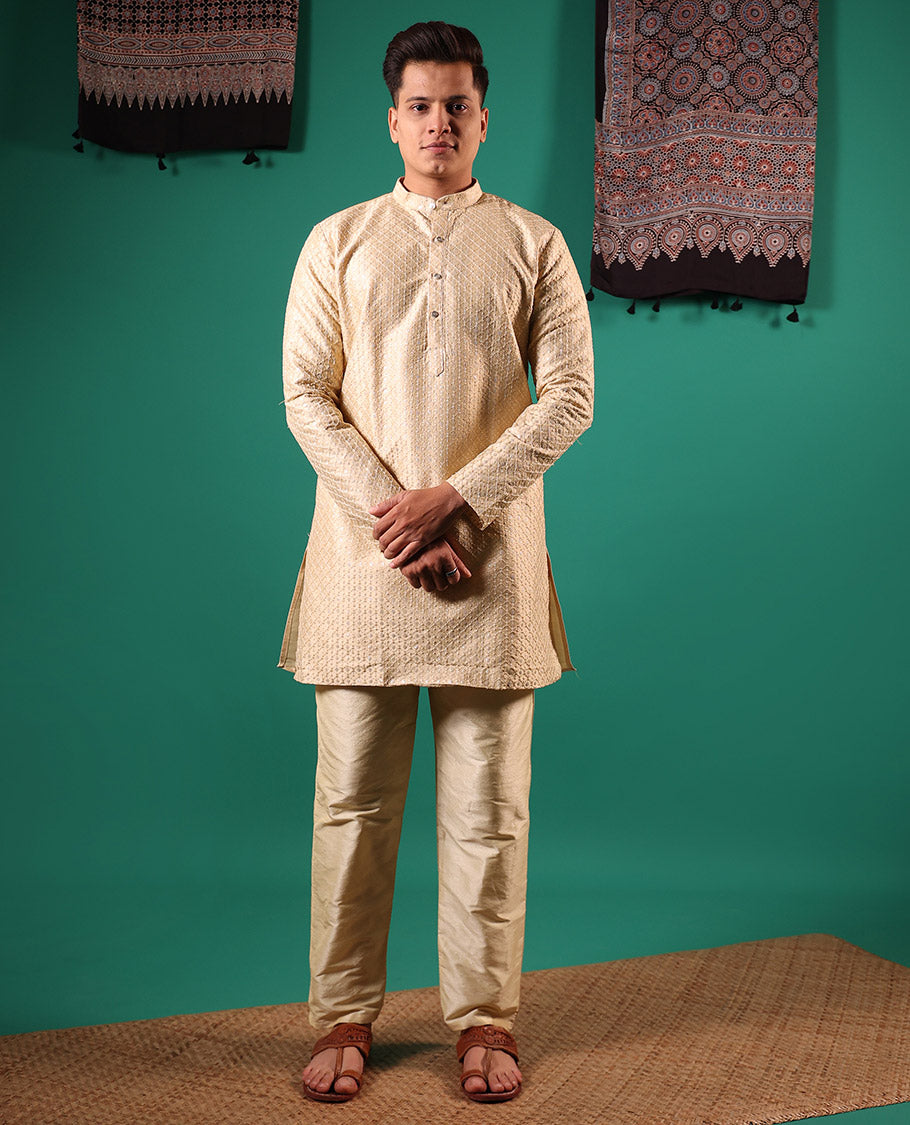 Sandal jaal pattern sequins embroidered full-sleeved men's kurta