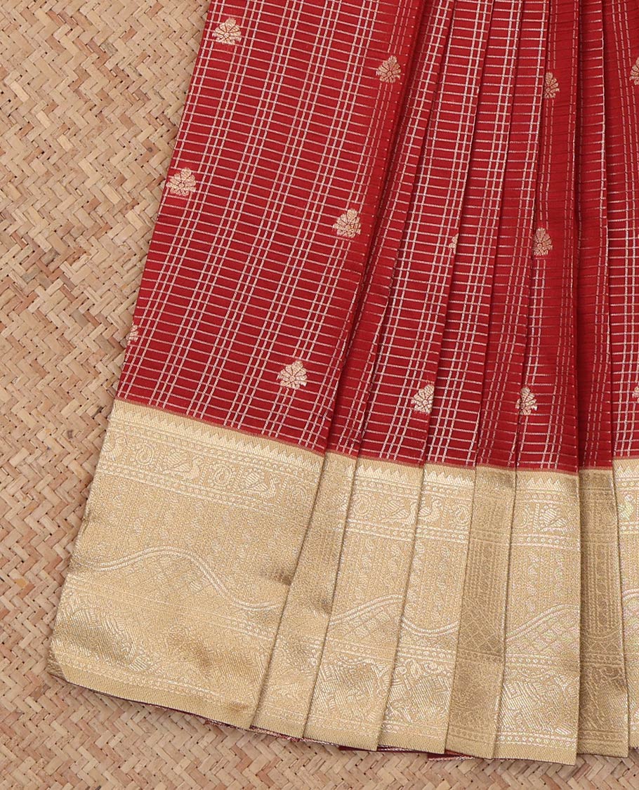 Maroon Litchi Saree, Woven with Zari Buttas and Checks, a Contrast Traditional Zari Border, a Grand Pallu, and a Contrast Blouse