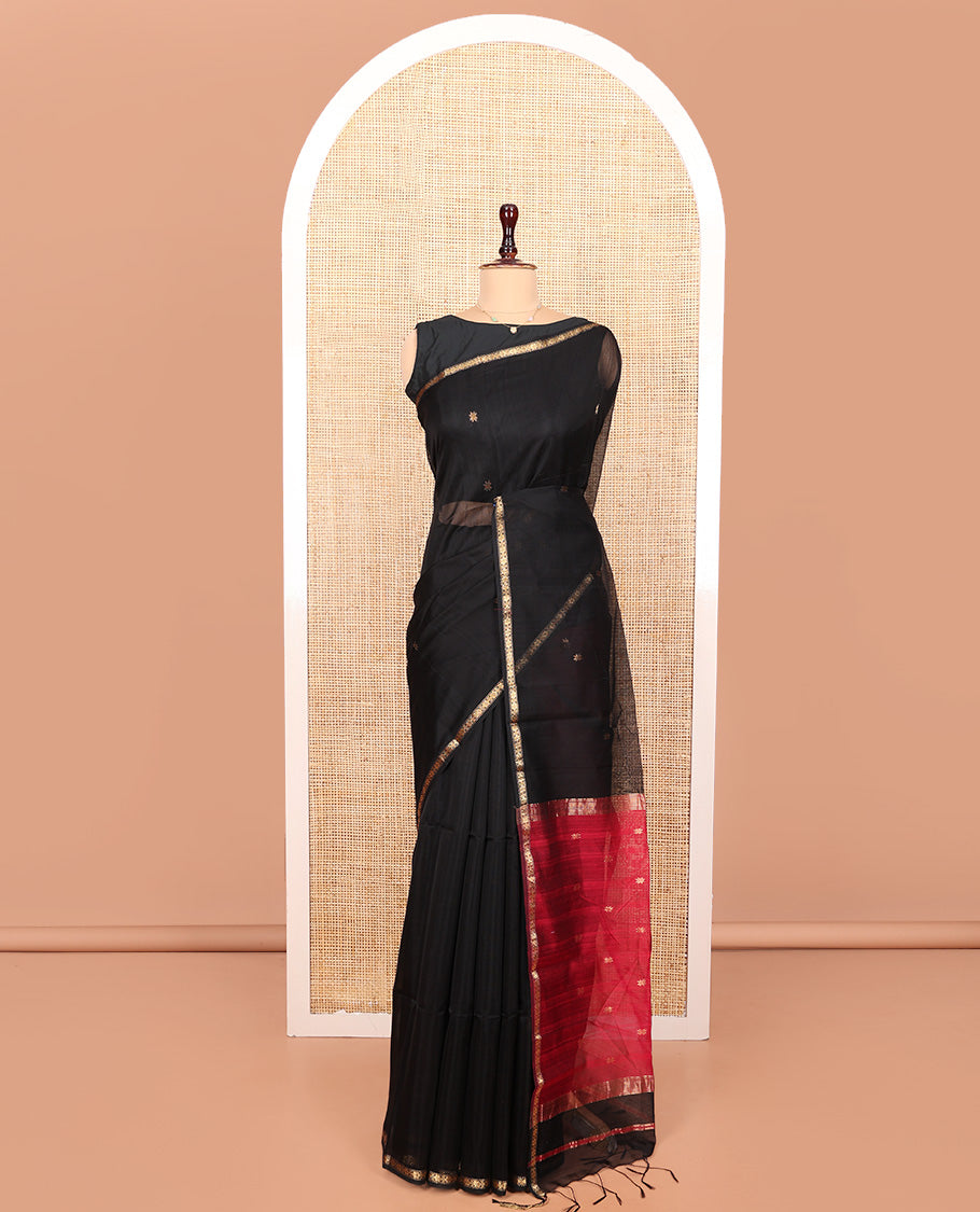 Black Maheshwari Cotton Saree, Accentuated with Star Motifs All Over Its Body, Highlighted by a Zari Piping Border, Complemented by a Contrast Pallu Steeped with Star Motifs, and Paired with a Contrast Blouse